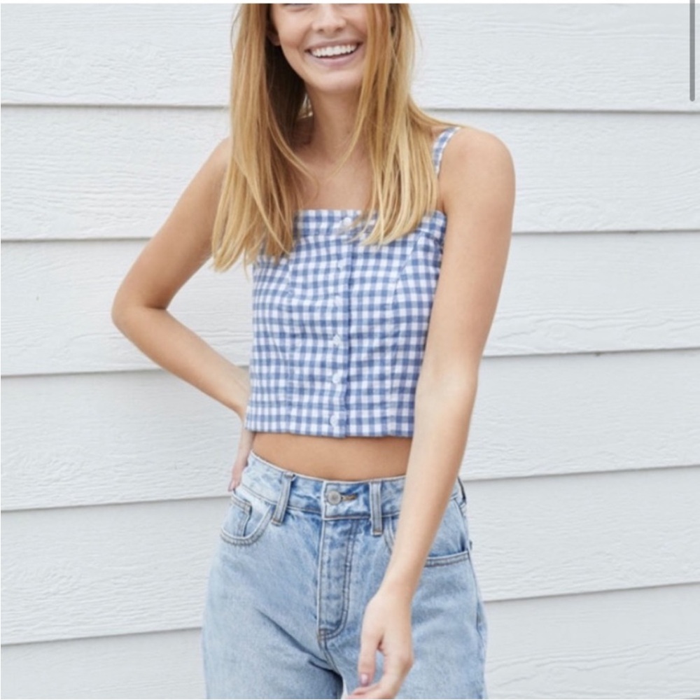 John Galt Brandy Melville Blue Gingham Print Button Up Crop Top
